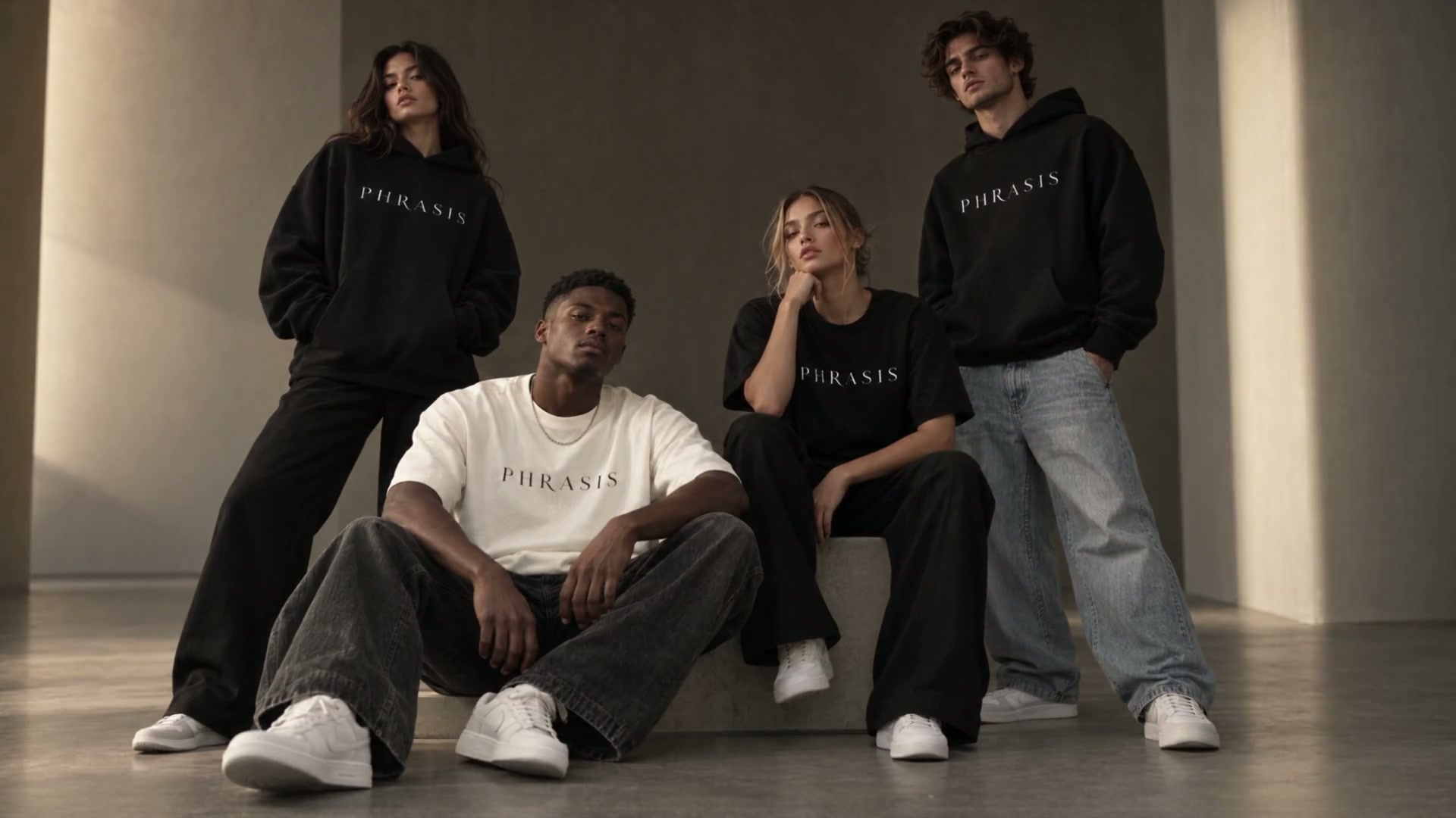 PHRASIS clothing worn by a group in a sunlit editorial scene